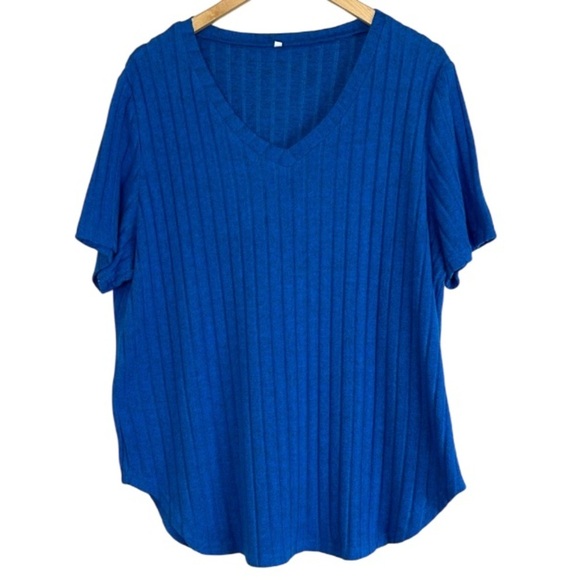 Amazon Blue Ribbed V-Neck Lightweight Sweater Short Sleeve Stretch Plus Size 2XL - Picture 2 of 11